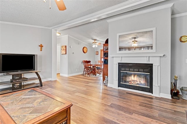 38686 Jingo Rd, Lacygne, KS 66040 - living area featuring ceiling fan, wood finished floors, a textured ceiling, crown molding, and a glass covered fireplace