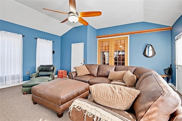 38686 Jingo Rd, Lacygne, KS 66040 - living area featuring lofted ceiling, a ceiling fan, carpet, french doors, and healthy amount of natural light