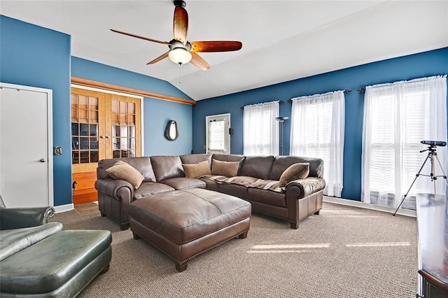 38686 Jingo Rd, Lacygne, KS 66040 - carpeted living area with vaulted ceiling, french doors, a ceiling fan, and baseboards