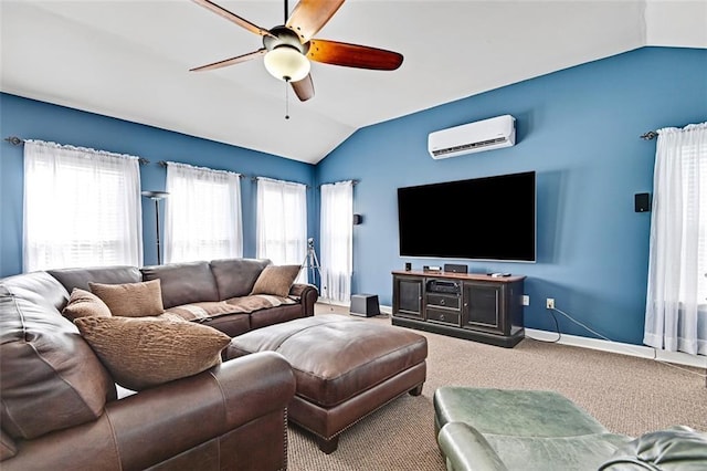 38686 Jingo Rd, Lacygne, KS 66040 - carpeted living room featuring a wall unit AC, vaulted ceiling, ceiling fan, and baseboards