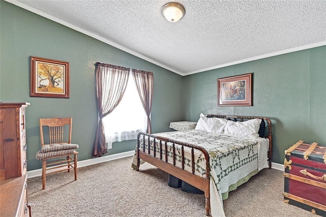 38686 Jingo Rd, Lacygne, KS 66040 - carpeted bedroom featuring a textured ceiling, crown molding, and vaulted ceiling