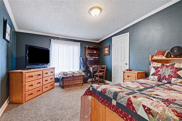 38686 Jingo Rd, Lacygne, KS 66040 - bedroom featuring a textured wall, crown molding, a textured ceiling, and carpet