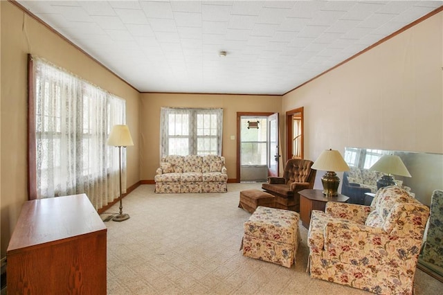 1601 Stevens Ave, Parsons, KS 67357 - living room with crown molding, carpet flooring, and baseboards