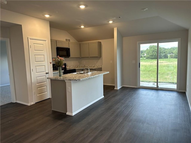 37818 W 207th Ter, Edgerton, KS 66021 - kitchen featuring black microwave, gray cabinetry, vaulted ceiling, dark wood-style floors, and light stone countertops