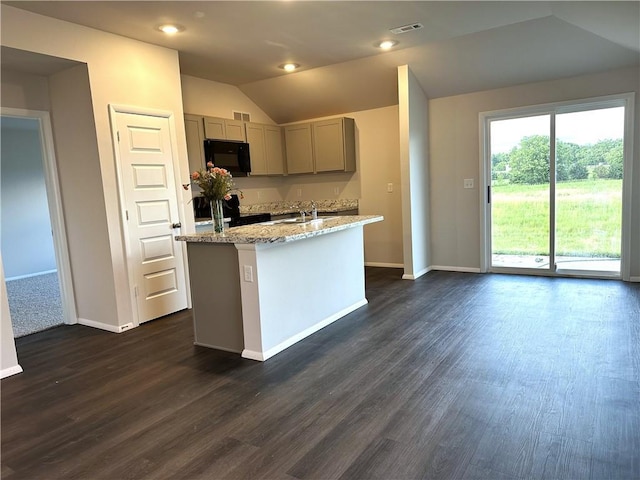 37818 W 207th Ter, Edgerton, KS 66021 - kitchen featuring black microwave, gray cabinets, vaulted ceiling, light stone countertops, and dark wood-style floors