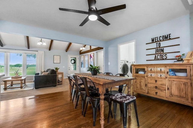 33991 Mission Belleview Rd, Louisburg, KS 66053 - dining space with washer and clothes dryer, dark wood-style flooring, beam ceiling, and ceiling fan