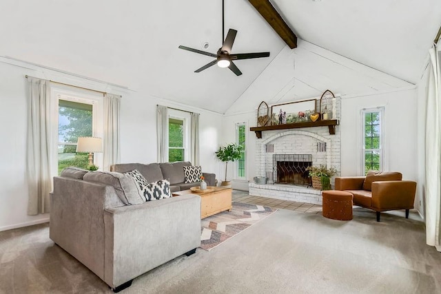33991 Mission Belleview Rd, Louisburg, KS 66053 - living area featuring healthy amount of natural light, a brick fireplace, ceiling fan, and carpet floors