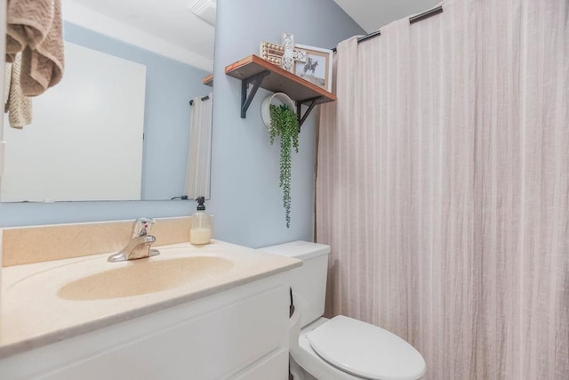 33991 Mission Belleview Rd, Louisburg, KS 66053 - bathroom with vanity, toilet, and a shower with shower curtain