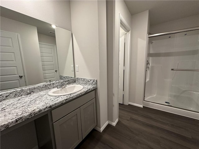 37779 W 207th Ter, Edgerton, KS 66021 - bathroom featuring a shower stall, wood finished floors, vanity, and baseboards
