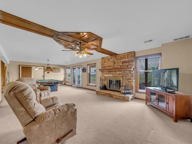 12806 33rd Hwy, Kearney, MO 64060 - living room with light carpet, billiards, ceiling fan, and a fireplace