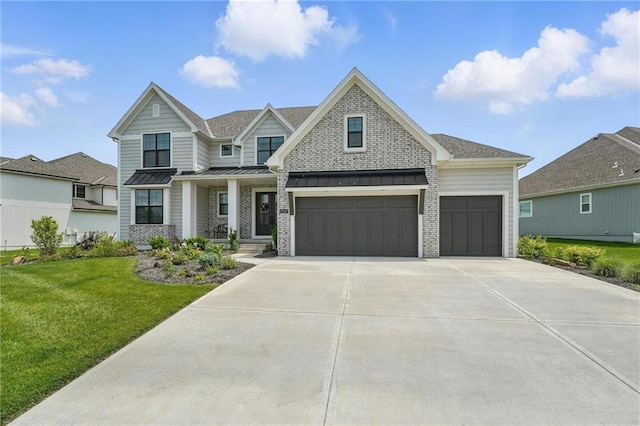 17137 Barton St, Overland Park, KS 66221 - view of front facade with concrete driveway, a front yard, a standing seam roof, metal roof, and roof with shingles