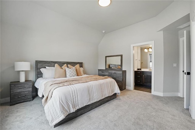 17137 Barton St, Overland Park, KS 66221 - bedroom with carpet, vaulted ceiling, baseboards, ensuite bath, and a chandelier