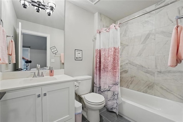 17137 Barton St, Overland Park, KS 66221 - bathroom with toilet, vanity, shower / bath combo, and tile patterned flooring