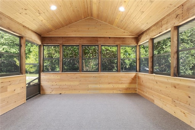 38 NW 525th Rd, Warrensburg, MO 64093 - unfurnished sunroom with vaulted ceiling, wooden walls, recessed lighting, and carpet flooring