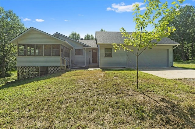 38 NW 525th Rd, Warrensburg, MO 64093 - single story home with concrete driveway, a garage, a sunroom, a front lawn, and roof with shingles