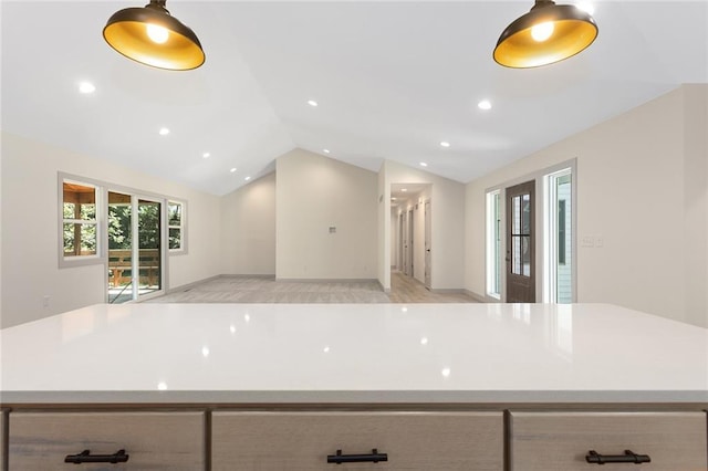 38 NW 525th Rd, Warrensburg, MO 64093 - kitchen with lofted ceiling, recessed lighting, light countertops, open floor plan, and a kitchen island