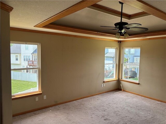 952 NW Maplewood Ct, Grain Valley, MO 64029 - carpeted empty room featuring crown molding, plenty of natural light, a textured ceiling, a tray ceiling, and a ceiling fan
