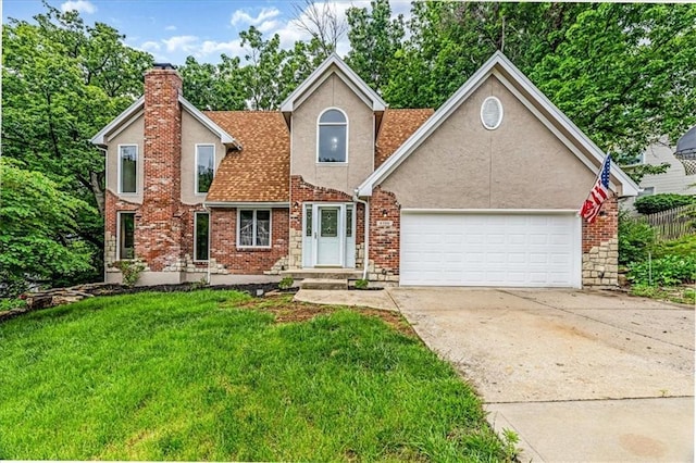 4506 NW Apache Dr, Riverside, MO 64150 - traditional-style house with an attached garage, driveway, a front yard, stucco siding, and a chimney