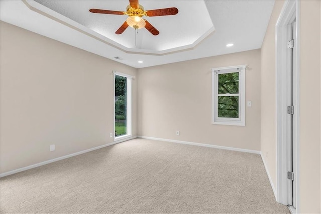4506 NW Apache Dr, Riverside, MO 64150 - unfurnished room with a tray ceiling, plenty of natural light, carpet flooring, recessed lighting, and baseboards
