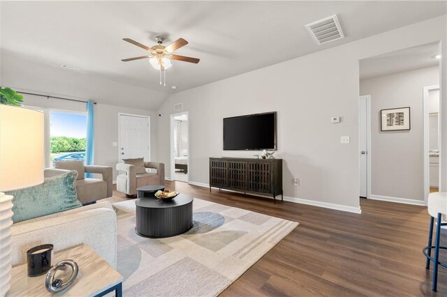 37838 W 208th Ter, Edgerton, KS 66021 - living room featuring ceiling fan, wood finished floors, baseboards, and vaulted ceiling