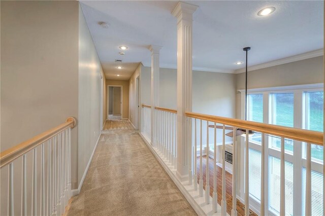 5706 NE Sapphire Pl, Lees Summit, MO 64064 - hallway featuring recessed lighting, ornamental molding, decorative columns, and baseboards