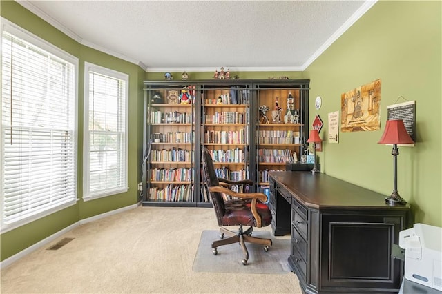 11415 Oakview Dr, Lenexa, KS 66215 - office space with ornamental molding, carpet, a textured ceiling, and baseboards