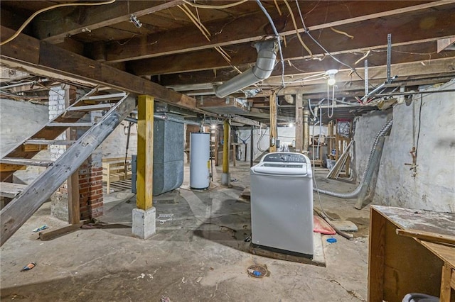 1409 N 24th St, Kansas City, KS 66102 - unfinished basement with gas water heater, washer / dryer, heating unit, and stairs