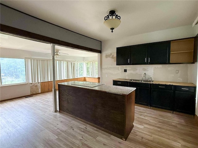 1202 Wall St, Galena, KS 66739 - kitchen with dark cabinetry, white electric stovetop, a sink, and light wood-style floors