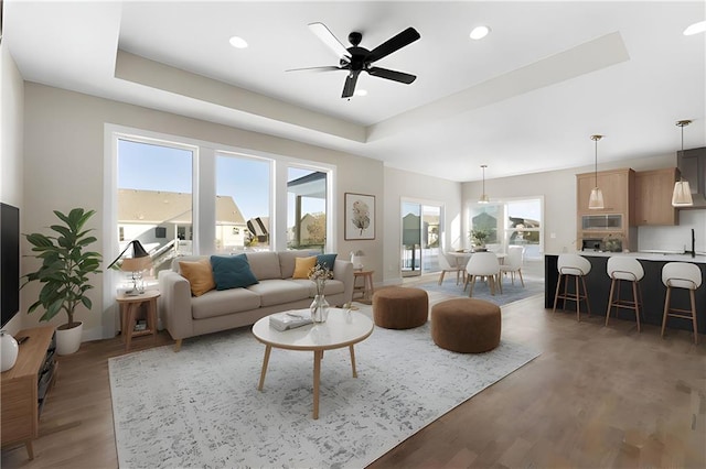 805 W Solomon Dr, Lone Jack, MO 64086 - living area featuring light wood-style floors, a tray ceiling, a ceiling fan, and recessed lighting