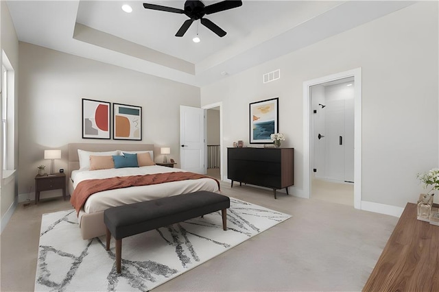 805 W Solomon Dr, Lone Jack, MO 64086 - bedroom with baseboards, recessed lighting, a ceiling fan, a tray ceiling, and light colored carpet