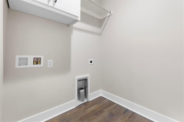 805 W Solomon Dr, Lone Jack, MO 64086 - laundry room featuring cabinet space, hookup for a washing machine, dark wood-style flooring, electric dryer hookup, and baseboards