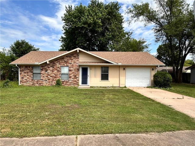 1710 Halsey Ave, Independence, KS 67301 - ranch-style house featuring concrete driveway, a front lawn, an attached garage, and roof with shingles