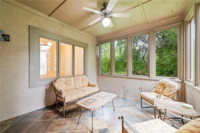 15141 Windsor Cir, Leawood, KS 66224 - sunroom featuring stone tile flooring and a textured wall