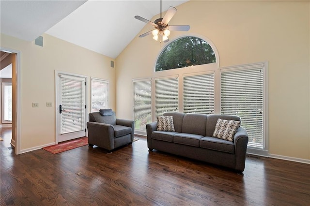 15141 Windsor Cir, Leawood, KS 66224 - living area with high vaulted ceiling, ceiling fan, and wood finished floors