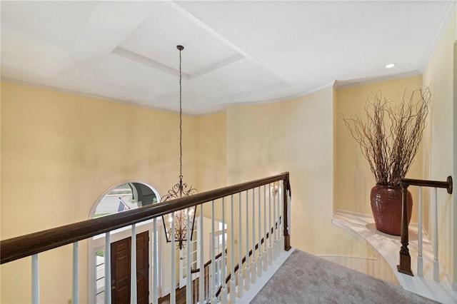 15141 Windsor Cir, Leawood, KS 66224 - hall featuring a chandelier, ornamental molding, a raised ceiling, an upstairs landing, and recessed lighting