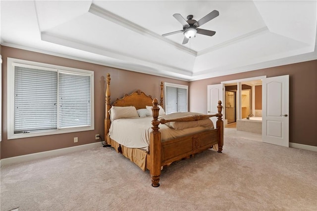 15141 Windsor Cir, Leawood, KS 66224 - bedroom with a raised ceiling, light carpet, crown molding, and a ceiling fan