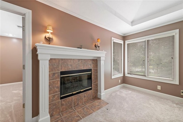 15141 Windsor Cir, Leawood, KS 66224 - unfurnished living room with carpet, a fireplace, and ornamental molding