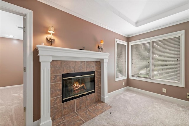 15141 Windsor Cir, Leawood, KS 66224 - unfurnished living room with carpet, a fireplace, and ornamental molding