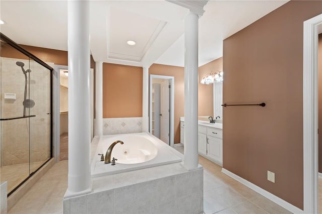 15141 Windsor Cir, Leawood, KS 66224 - full bathroom with vanity, a jetted tub, a stall shower, tile patterned flooring, and recessed lighting
