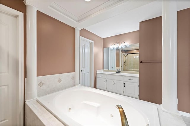 15141 Windsor Cir, Leawood, KS 66224 - bathroom featuring a tub with jets, vanity, crown molding, and a stall shower