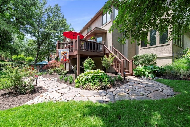 15141 Windsor Cir, Leawood, KS 66224 - rear view of house featuring stairs, a wooden deck, and stucco siding