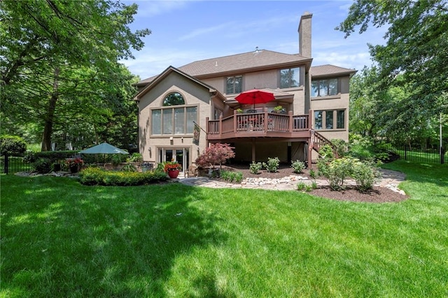 15141 Windsor Cir, Leawood, KS 66224 - back of house featuring a wooden deck, stucco siding, stairs, french doors, and a chimney