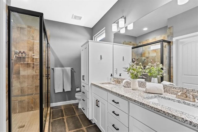 12930 N Champanel Way, Platte City, MO 64079 - bathroom featuring double vanity, a stall shower, toilet, tile patterned floors, and baseboards