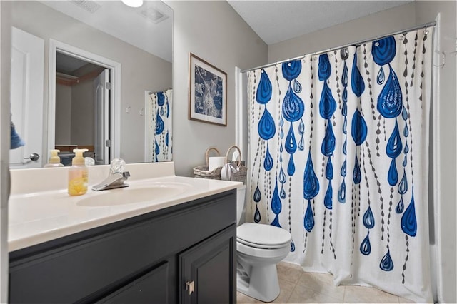 2705 W 137th Pl, Leawood, KS 66224 - bathroom featuring vanity, tile patterned flooring, toilet, and a shower with shower curtain