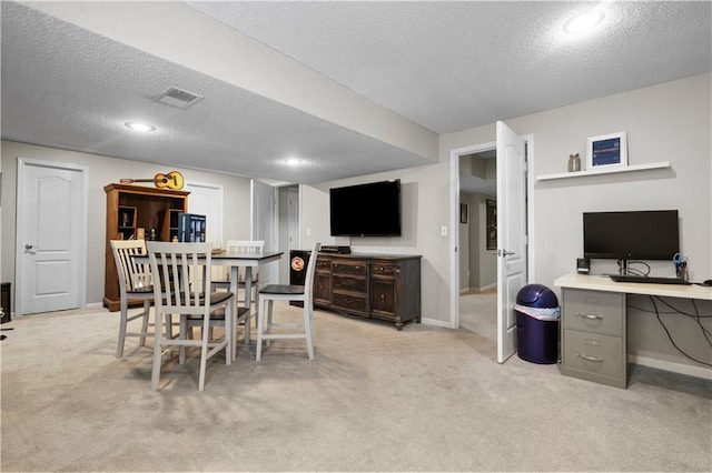 2705 W 137th Pl, Leawood, KS 66224 - dining area featuring light colored carpet, baseboards, a textured ceiling, a desk, and recessed lighting