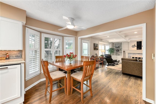 10500 Reeder St, Overland Park, KS 66214 - dining area featuring dark wood-type flooring, a ceiling fan, a fireplace, a textured ceiling, and baseboards