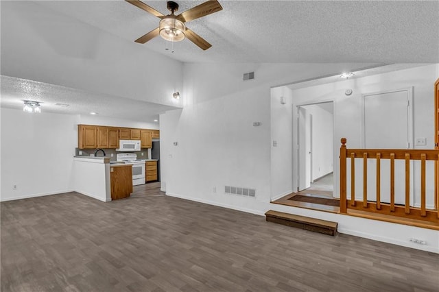 1528 E 123rd St, Olathe, KS 66061 - unfurnished living room with a textured ceiling, vaulted ceiling, a ceiling fan, dark wood finished floors, and baseboards