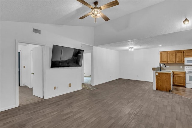 1528 E 123rd St, Olathe, KS 66061 - unfurnished living room with vaulted ceiling, a sink, dark wood finished floors, ceiling fan, and baseboards