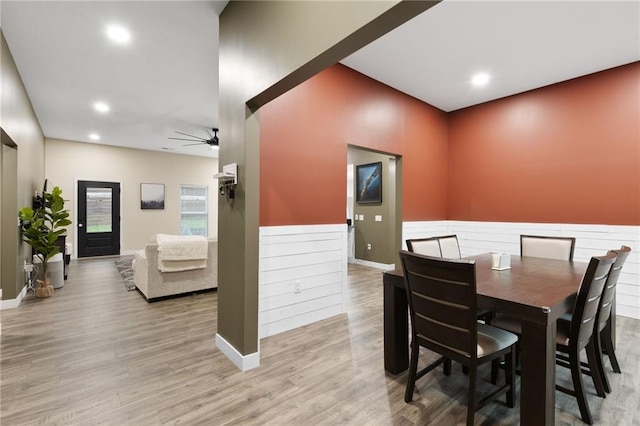131 Cedar Ct, Warrensburg, MO 64093 - dining space featuring ceiling fan, light wood finished floors, recessed lighting, and baseboards