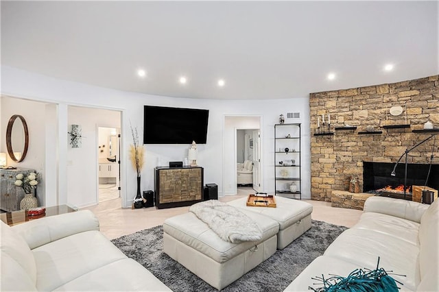 8201 W 100th Ter, Overland Park, KS 66212 - living area featuring a fireplace and recessed lighting